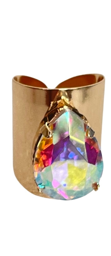 Iridescent rhinestone teardrop gold ring