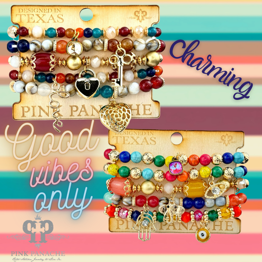 Mixed charm beaded bracelet set with Austrian crystal charm