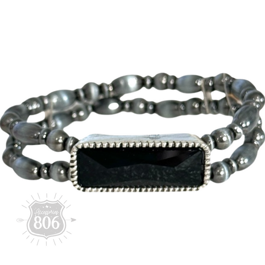 Burnished silver bead rhinestone bracelet