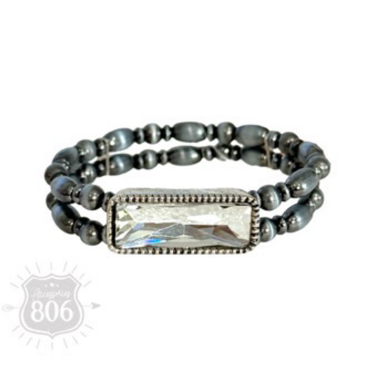 Burnished silver bead rhinestone bracelet