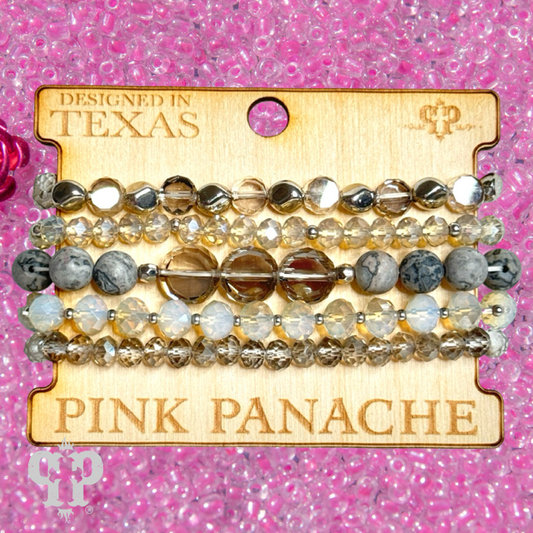Five strand stone and metallic bead bracelet set