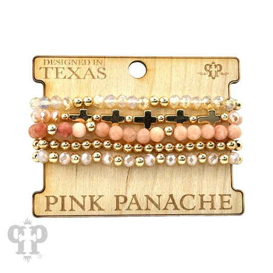 Five strand stone and gold cross bracelet set
