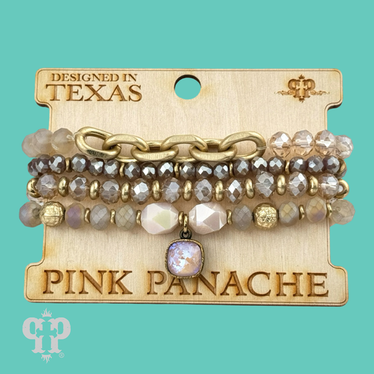 Four strand neutral bead and chain bracelet, Austrian crystal