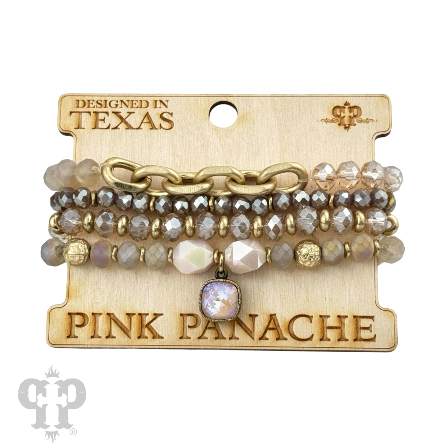 Four strand neutral bead and chain bracelet, Austrian crystal
