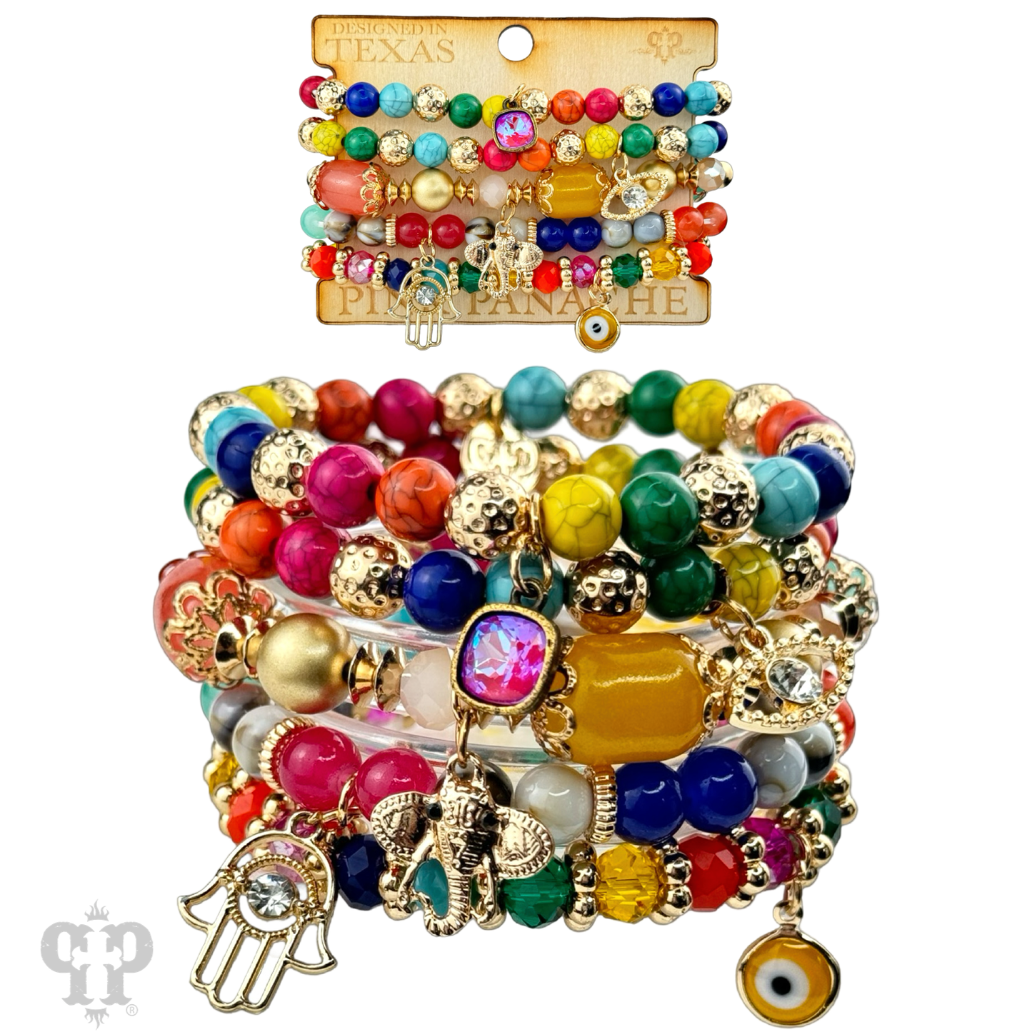 Mixed charm beaded bracelet set with Austrian crystal charm