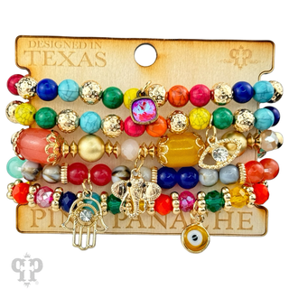 Mixed charm beaded bracelet set with Austrian crystal charm