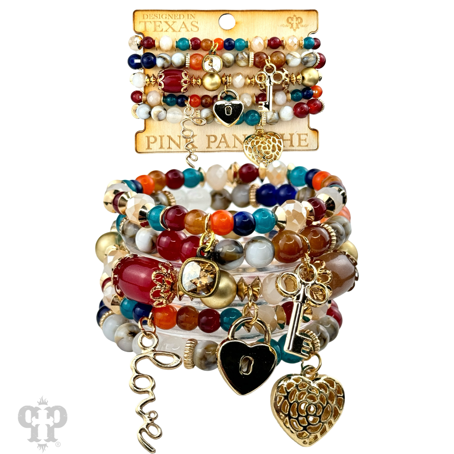 Mixed charm beaded bracelet set with Austrian crystal charm