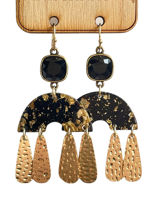 Gold raindrop, black acrylic arch earring, Austrian crystal, Last Call