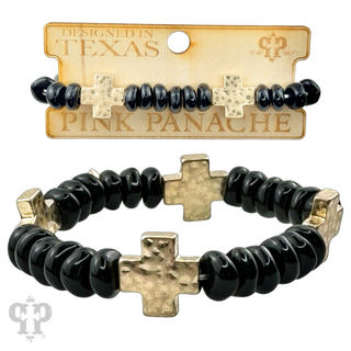 Gold cross and black beaded bracelet