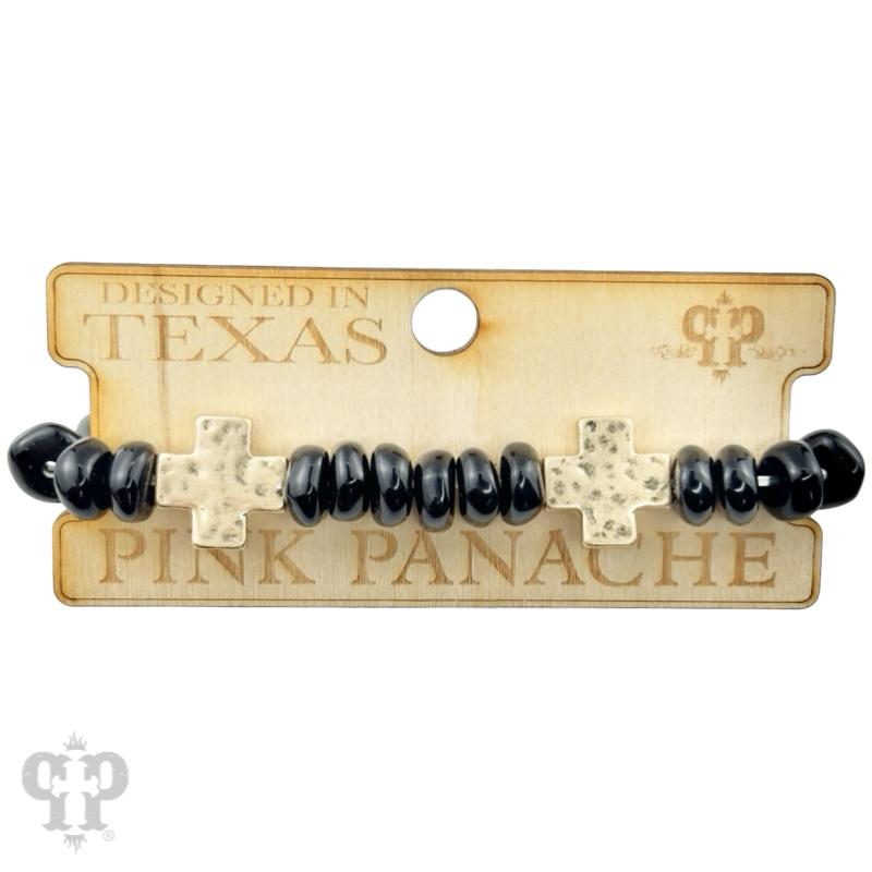 Gold cross and black beaded bracelet
