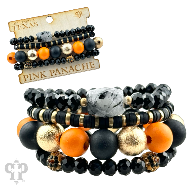 Black and orange wood bead bracelet set