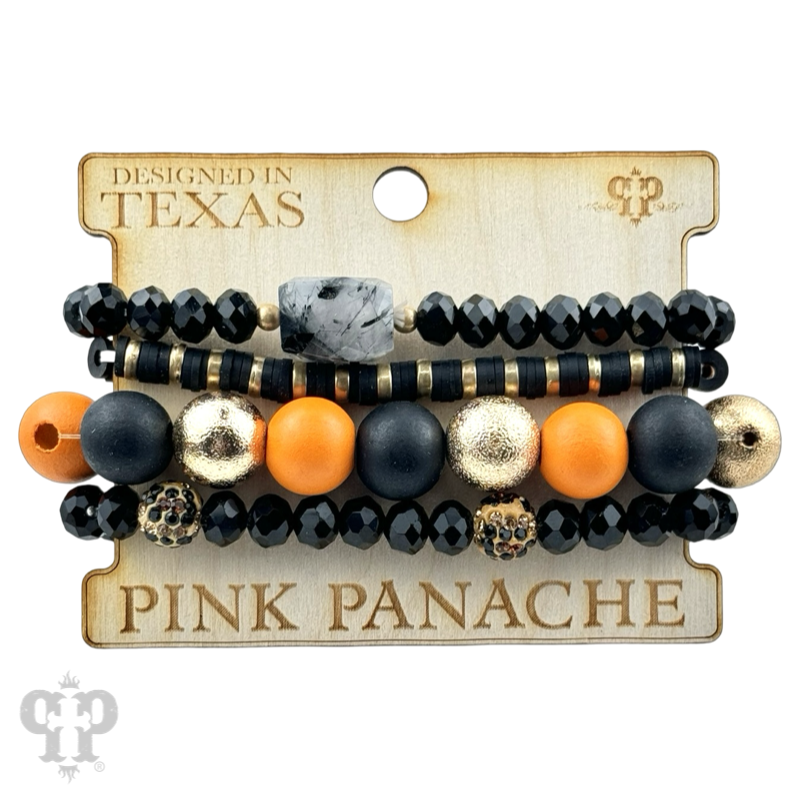 Black and orange wood bead bracelet set