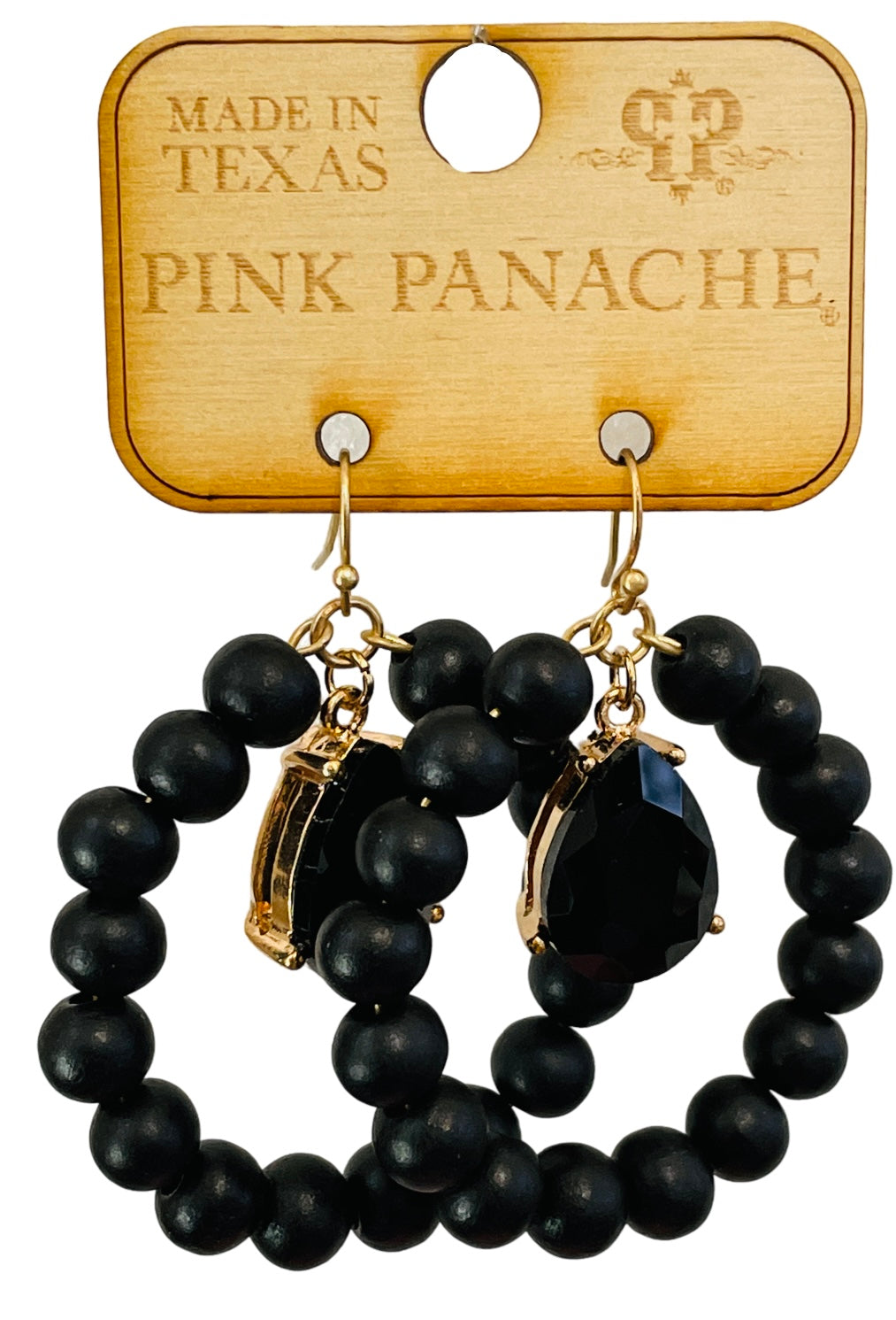 Round wood bead circle earring with rhinestone teardrop charm