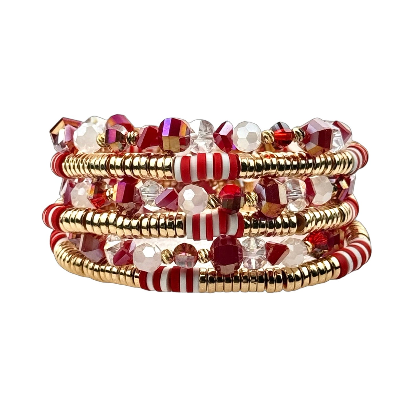 Red faceted and gold disc bead stacked bracelet set