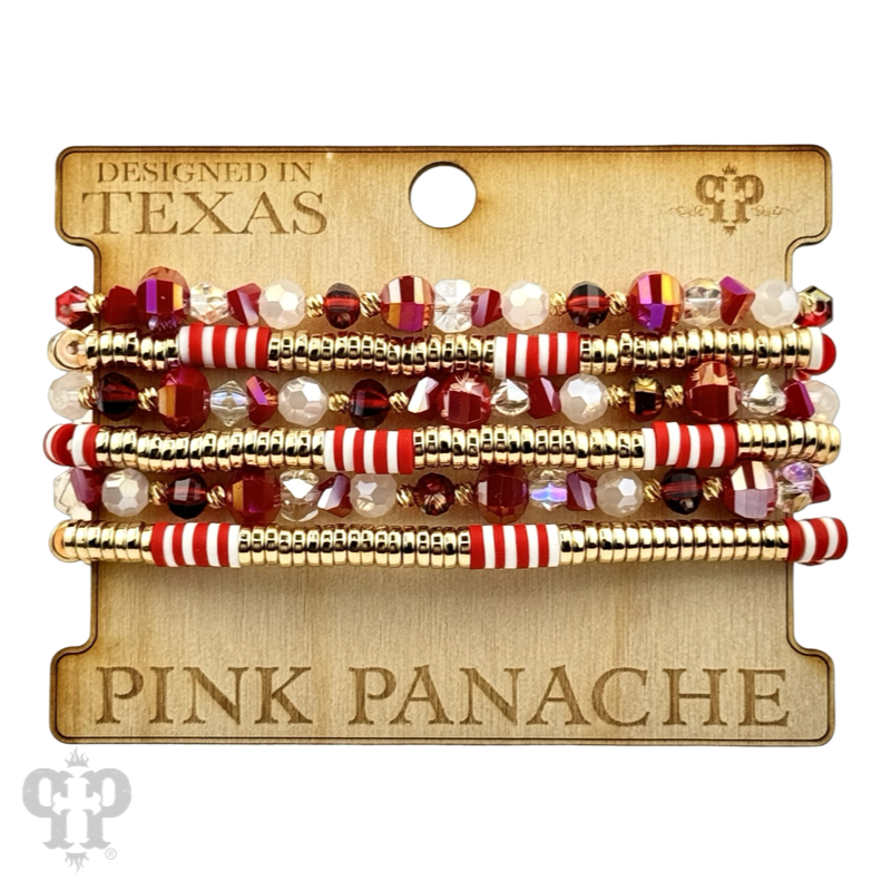Red faceted and gold disc bead stacked bracelet set