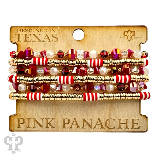 Red faceted and gold disc bead stacked bracelet set