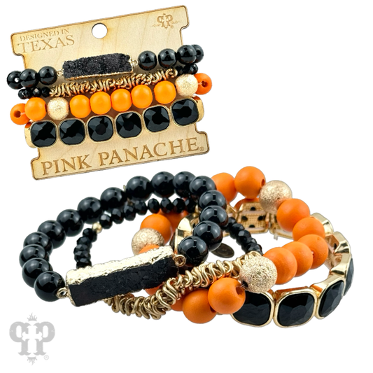 Orange and black bracelet stack, rhinestones