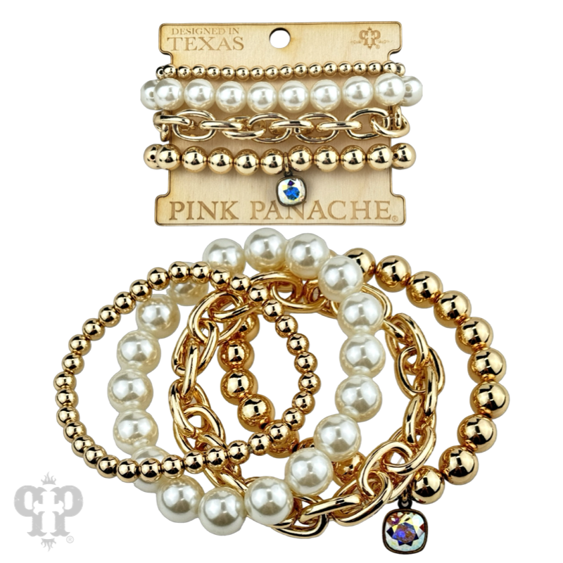 Pearl bead and shiny metal bracelet stack, Austrian crystal