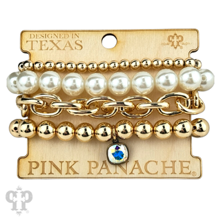Pearl bead and shiny metal bracelet stack, Austrian crystal