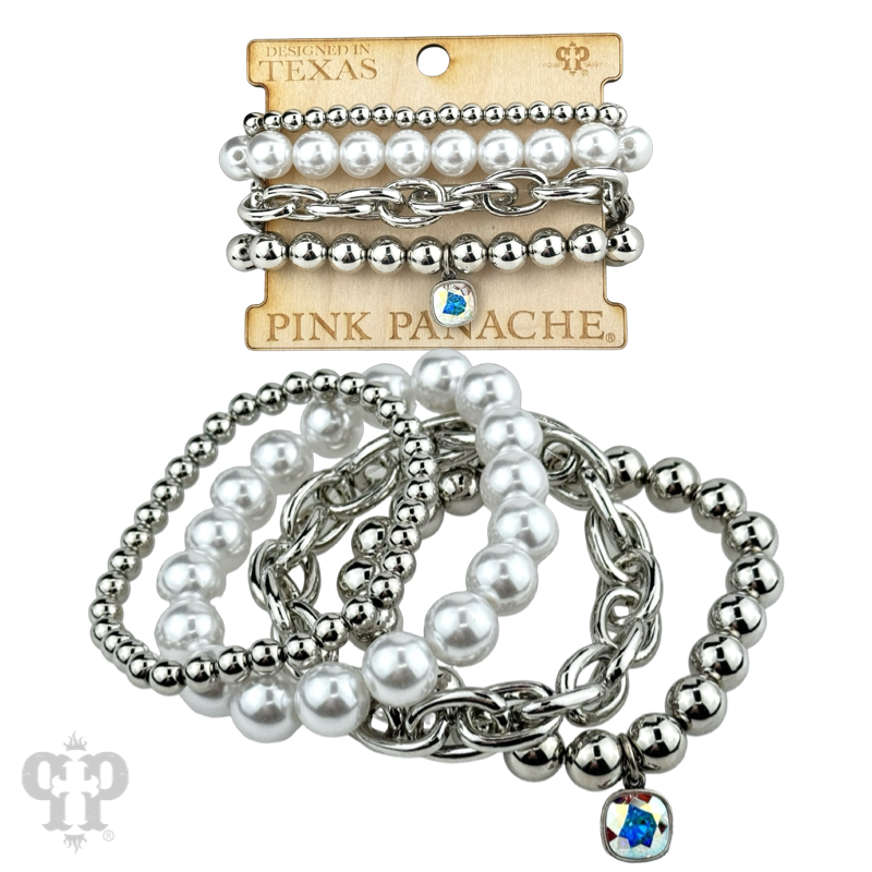 Pearl bead and shiny metal bracelet stack, Austrian crystal