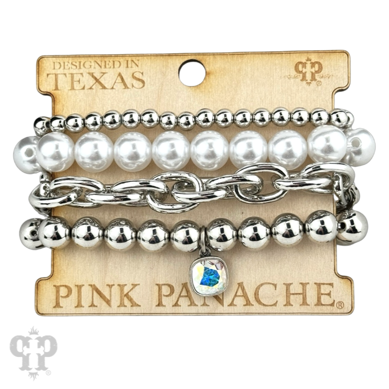 Pearl bead and shiny metal bracelet stack, Austrian crystal
