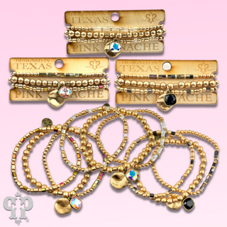 Matte gold and square glass bead bracelet stack, Austrian crystal