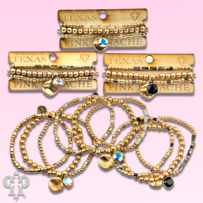 Matte gold and square glass bead bracelet stack, Austrian crystal