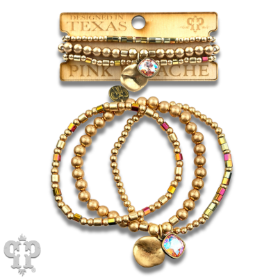 Matte gold and square glass bead bracelet stack, Austrian crystal