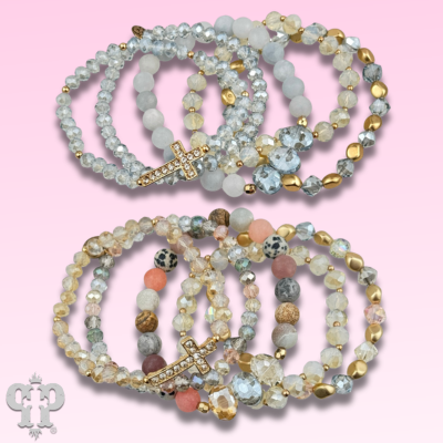 Faceted bead multi-strand bracelet stack, rhinestone cross