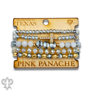 Faceted bead multi-strand bracelet stack, rhinestone cross