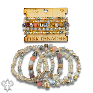 Faceted bead multi-strand bracelet stack, rhinestone cross