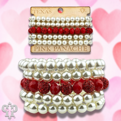 Cream pearl and red bead bracelet stack