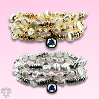 Acrylic pearl bead bracelet stack with Austrian crystal charm
