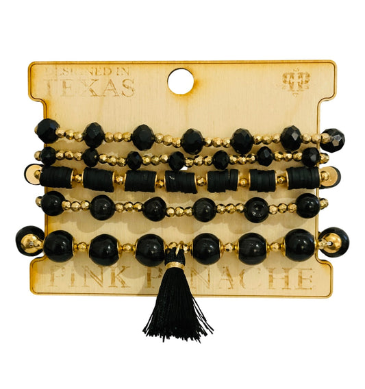 Black bead mix bracelet set with tassel