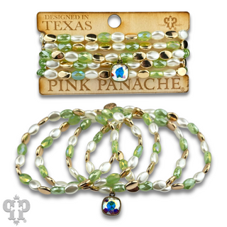 Glass and acrylic oval bead bracelet set with Austrian crystal charm
