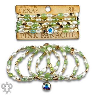 Glass and acrylic oval bead bracelet set with Austrian crystal charm