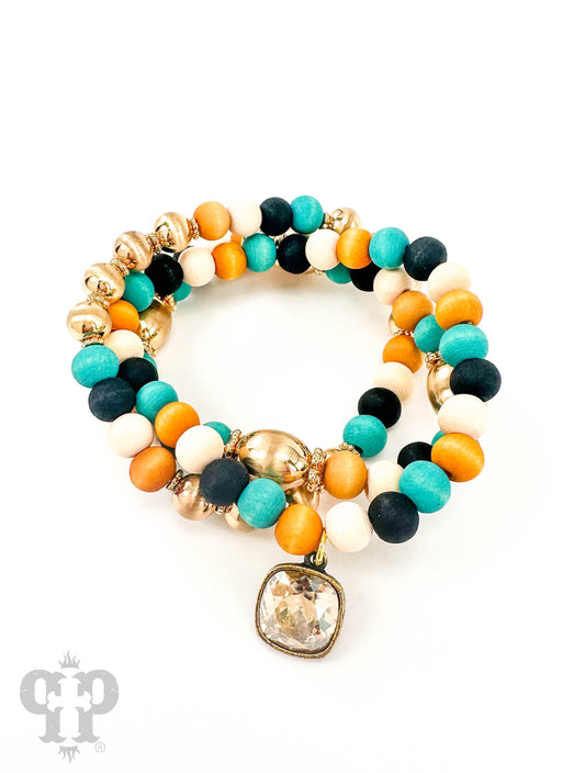 Multi-color wood bracelet set with Austrian crystal