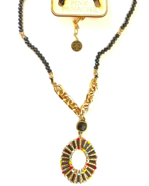 Black tube bead oval pendant necklace, Austrian crystal, last call