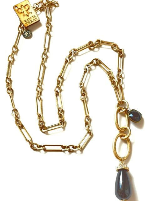 Black enamel teardrop necklace, Ausrian crystal, last call