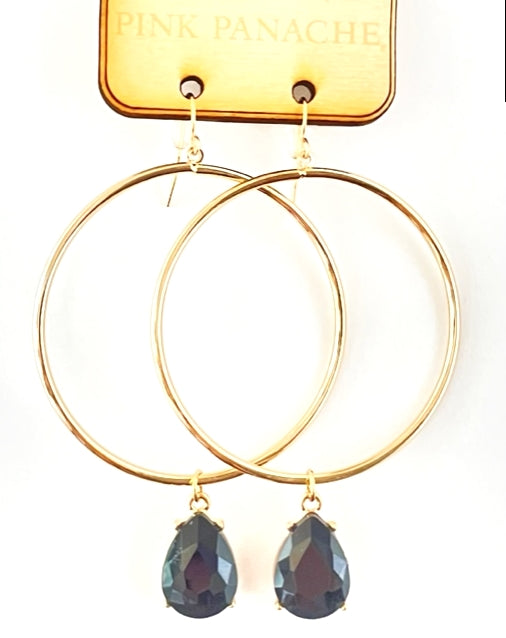 Gold circle, black teardrop earring, last call