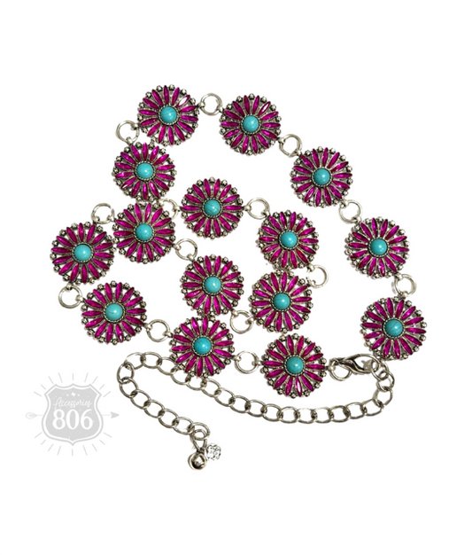 Flower rhinestone concho link belt