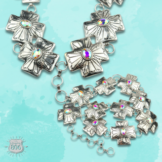 Western square cross concho linked belt with oval rhinestone