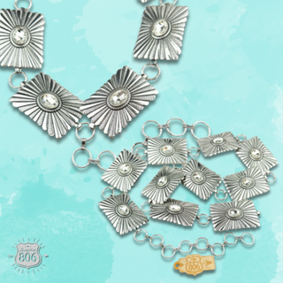 Western carved rectangle concho linked belt with oval rhinestone