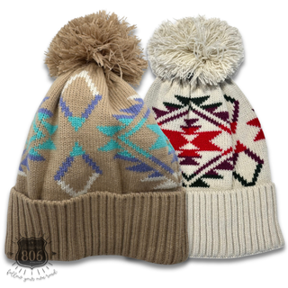Western Aztec print pom-pom beanie