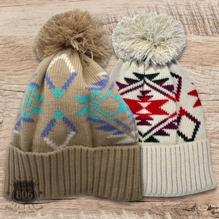 Western Aztec print pom-pom beanie