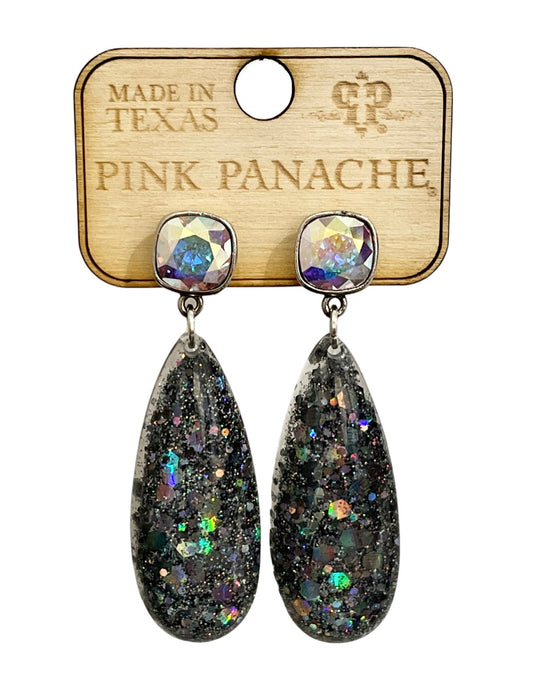 Black glitter acrylic teardrop earring, Austrian crystal