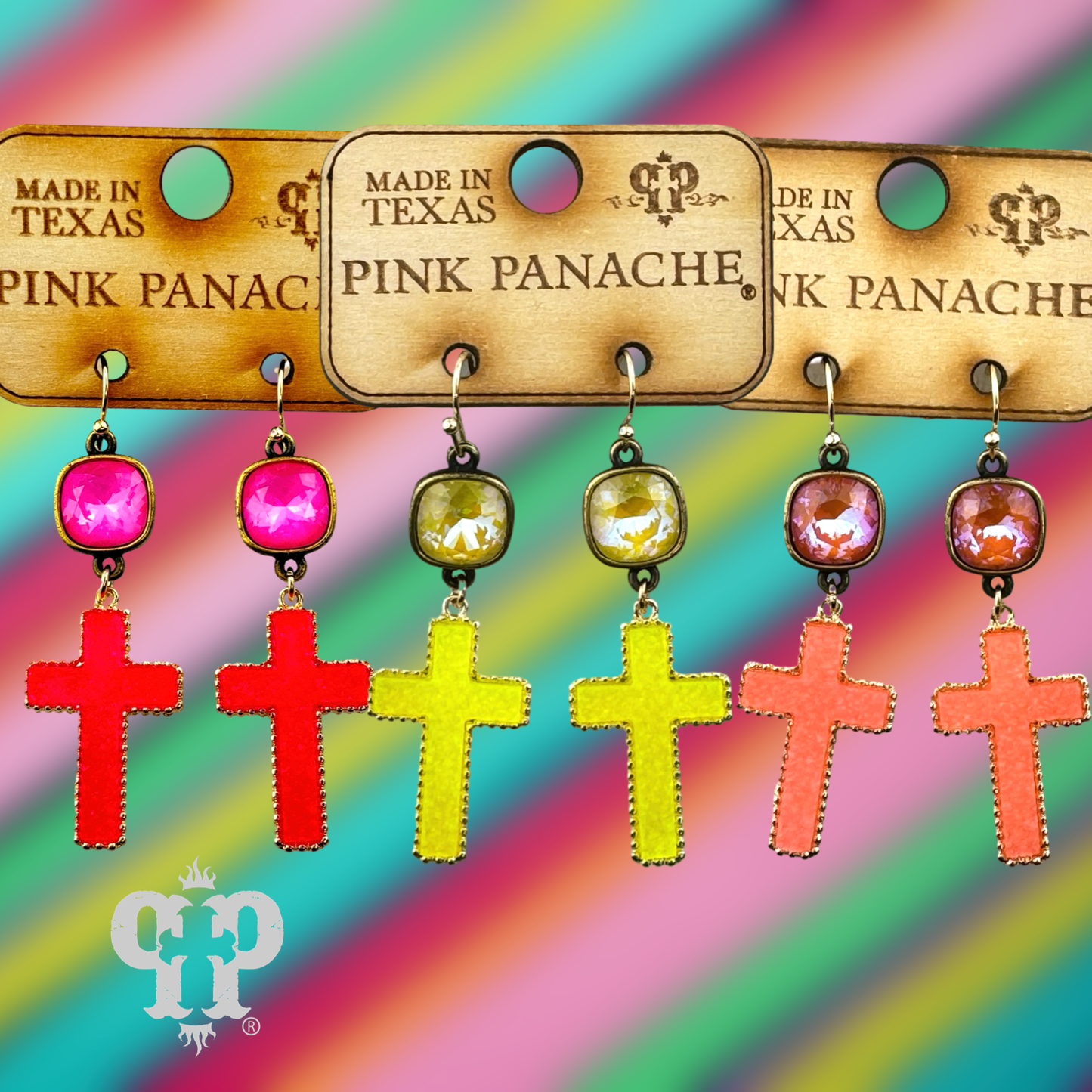 Neon cross earring, Austrian crystal