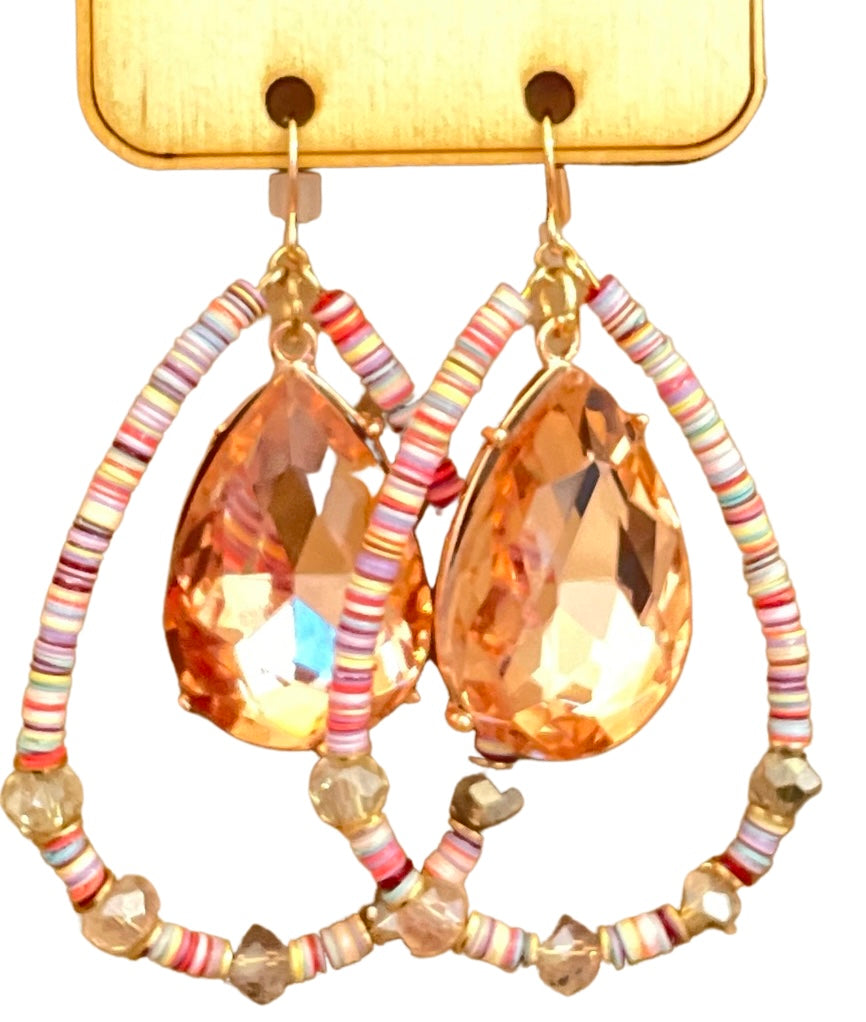Pink disc, rose rhinestone teardrop earring, last call