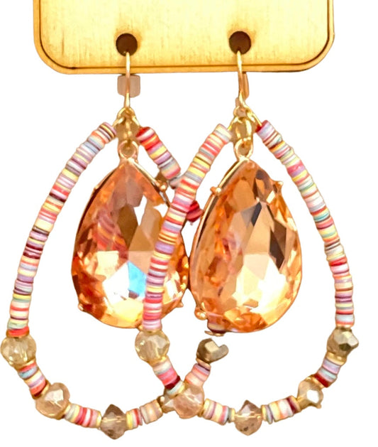 Pink disc, rose rhinestone teardrop earring, last call