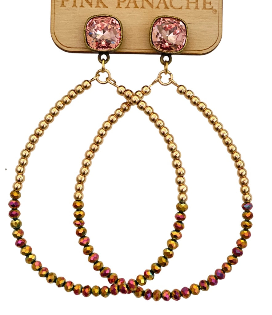 Pink beaded teardrop earring, Austrian crystal